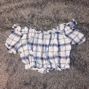 Blue and White Plaid off the shoulder crop top